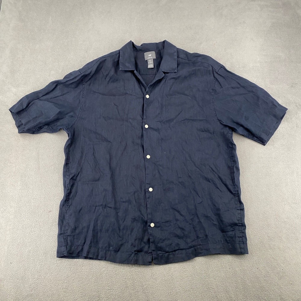 HM Mens Loose Fit 100% Linen Short Sleeve Button Up Shirt Navy Blue Medium M